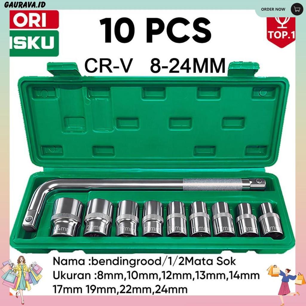 Isku Kunci Sok Set 10 Pcs Gagang L 1/2 Inch 8-24Mm Baja Cr-V Asli Kunci Shock Socket Wrench Alat Ben