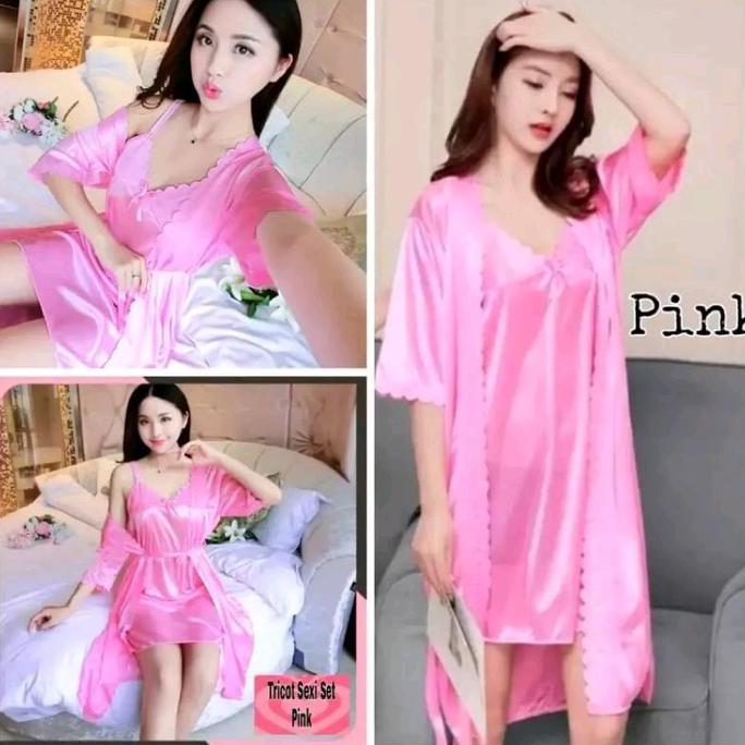 Baju Tidur Kimono Lingerie Sexy 2In1 Tricot Satin Import Wanita