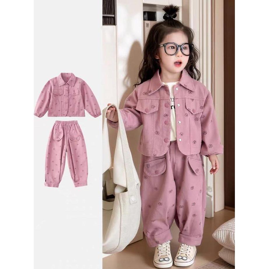 Korea Style Setelan Anak Perempuan One Set Jaket 100% Katun+Celana Panjang Motif Bunga Baju Manis An