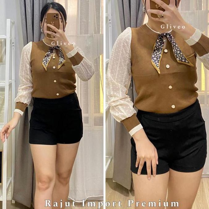 Gliveo - Blus Rajut Diora Syal Pita Import Premium / Atasan Rajut Wanita / Atasan Rajut Lengan Panja