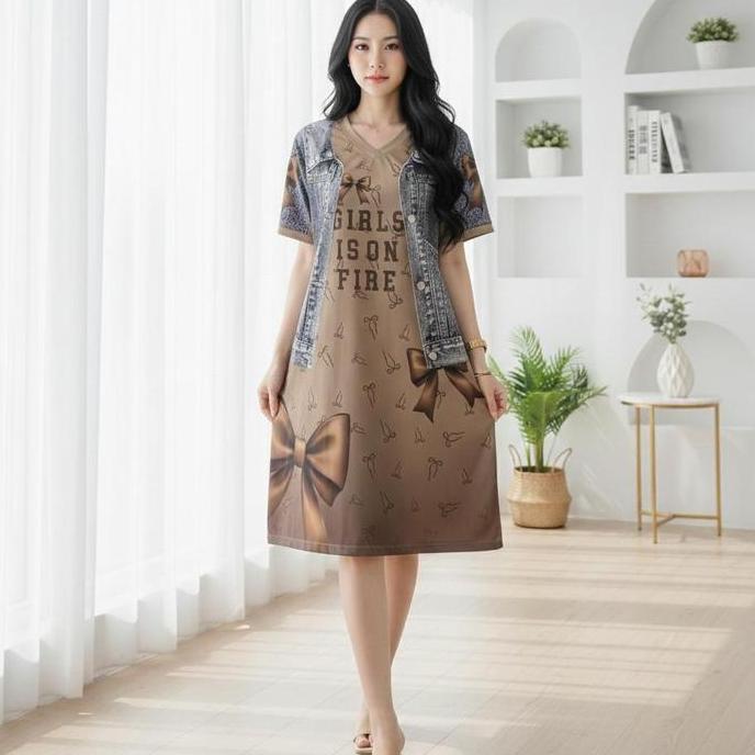 DRESS JERSEY ROMPI JEANS MOTIF PRINTING CASUAL WANITA / DRESS ROMPI JEANS SERIES / DRESS MOTIF PRINT