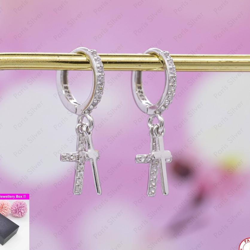 Anting Salib Twin Perak Asli Full Permata Silver 925 Lapis Emas Putih Donat Bulat Aksesoris Fashion 