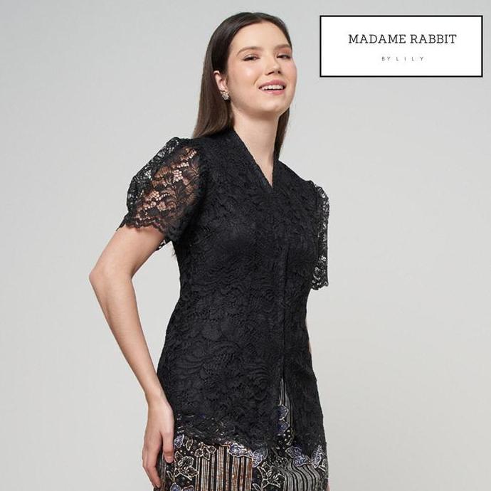 Blouse Kebaya Brokat Modern Madame Rabitt Puff Hitam Lengan Pendek Dress Wanita