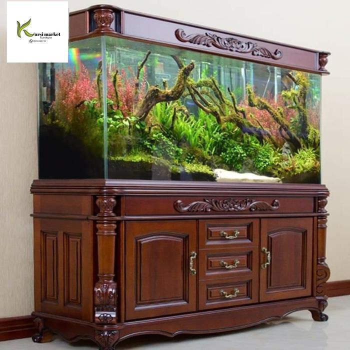 Bufet aquarium tempat aquarium ukir bahan kayu jati