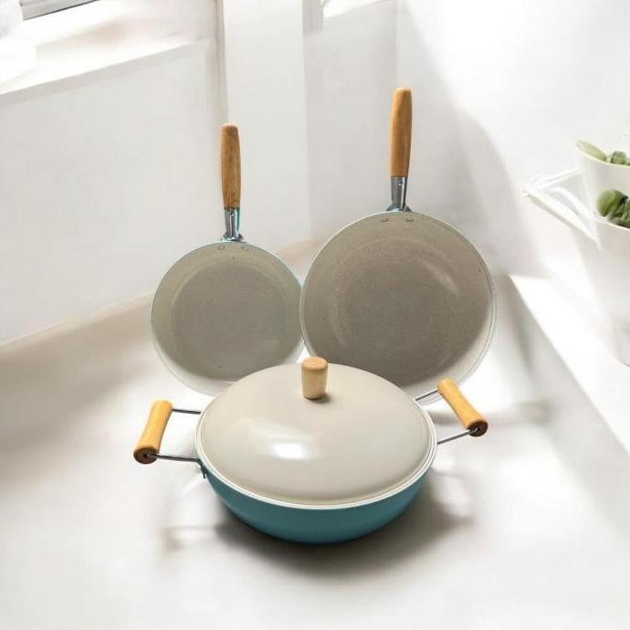 WISZCA 3in1 3 in 1 Set Paket Wajan Keramik Biru isi 3 pcs Panci Masak Penggorengan Soup Sup Anti Len