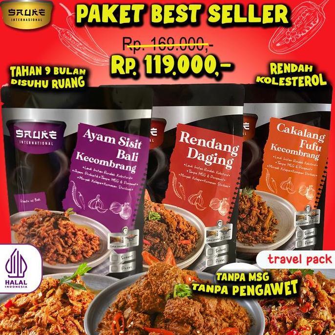 & kemasan SAUKE LAUK SIAP SAJI PAKET BEST SELLER TRAVEL PACK  125GR (3 VARIAN) , LAUK SIAP SAJI REND