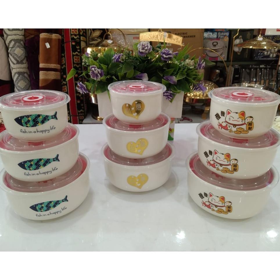 Set Mangkok Keramik 3In1 Bermotif Tutup Unik