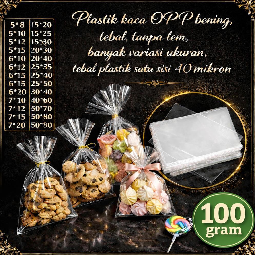 100gr Kantong Plastik OPP Bening 40 Mikron Tebal Tanpa Lem Plastik Kaca Bening OPP Souvenir Tebal 40