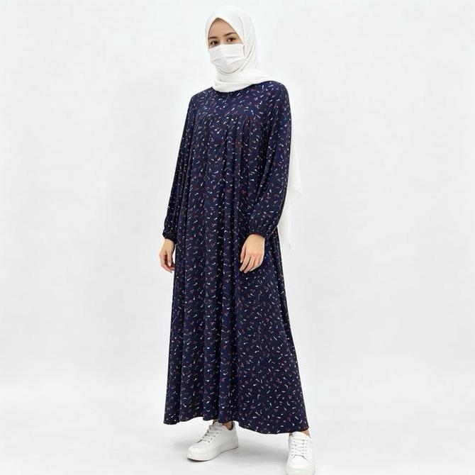 Tania Dress Gamis Rayon Viscose Busui Friendly Tanpa Hijab Manset Karet Tangan Semi Balon