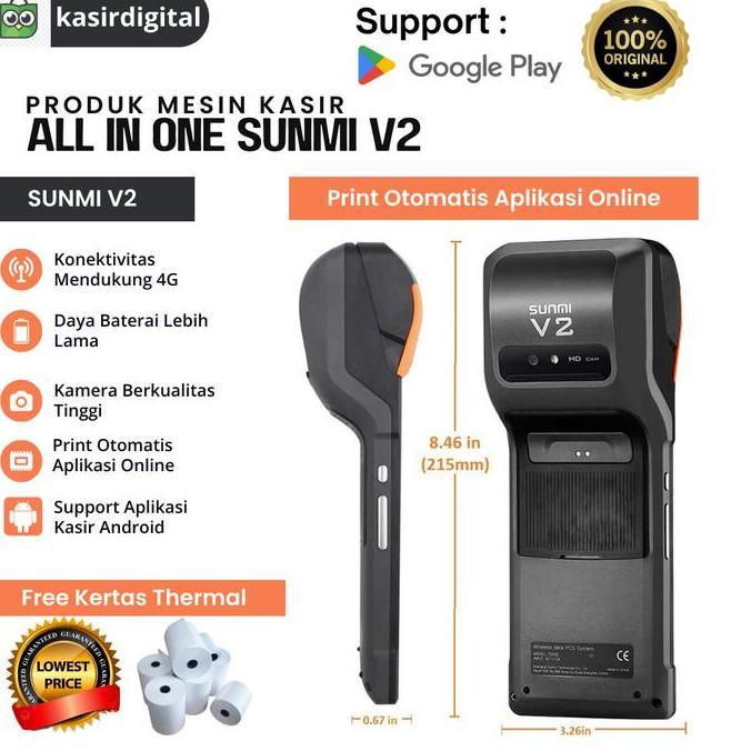 NEW MESIN KASIR SUNMI MPOS ANDROID PORTABLE V2 4G 1/8GB SECOND ORI