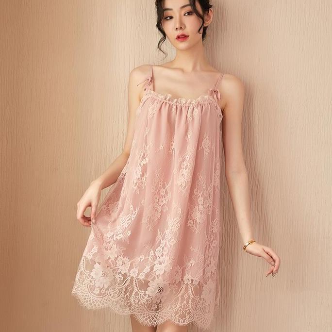 Vestito- [Pajama] Baju Tidur Piyama Dress Lingerie Nita Desa Fit Daster Panjang Polos Renda Brukat K