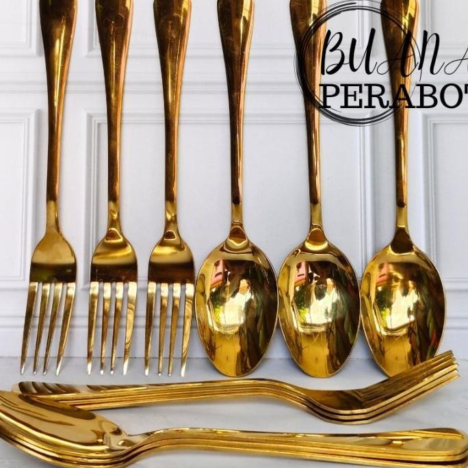 Promo 1 Set Sendok Makan Emas Dan Garpu Makan Emas Tebal Stainles / Sendok Restoran Sendok Hotel