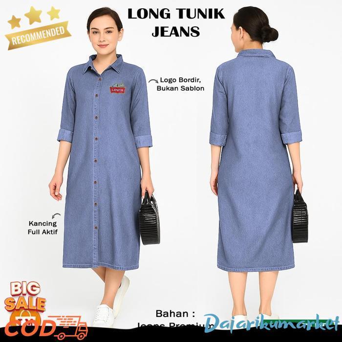 Long Tunic Jeans & Denim Baju Tunik Lengan Panjang Wanita Full Kancing Motif Lucu Logo Bordir Big Si