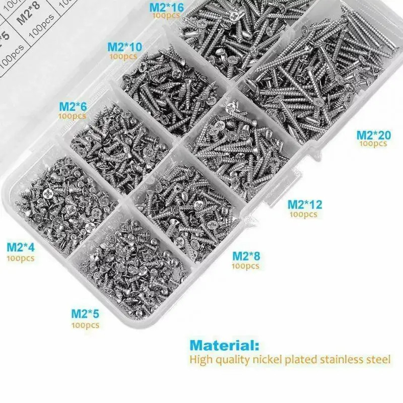 800Pcs Skrup Baja Sekrup Baja Skrup Kecil Skrup Kepala Rata Sekrup Baja Ringan 304 Baja Tahan Karat 