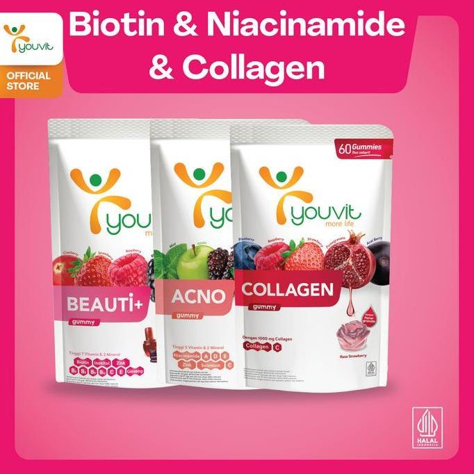 Youvit Beauty Trio 30 Hari - Youvit Collagen, Beauti+, Acno Untuk Anti Aging, Rambut Rontok & Jerawa