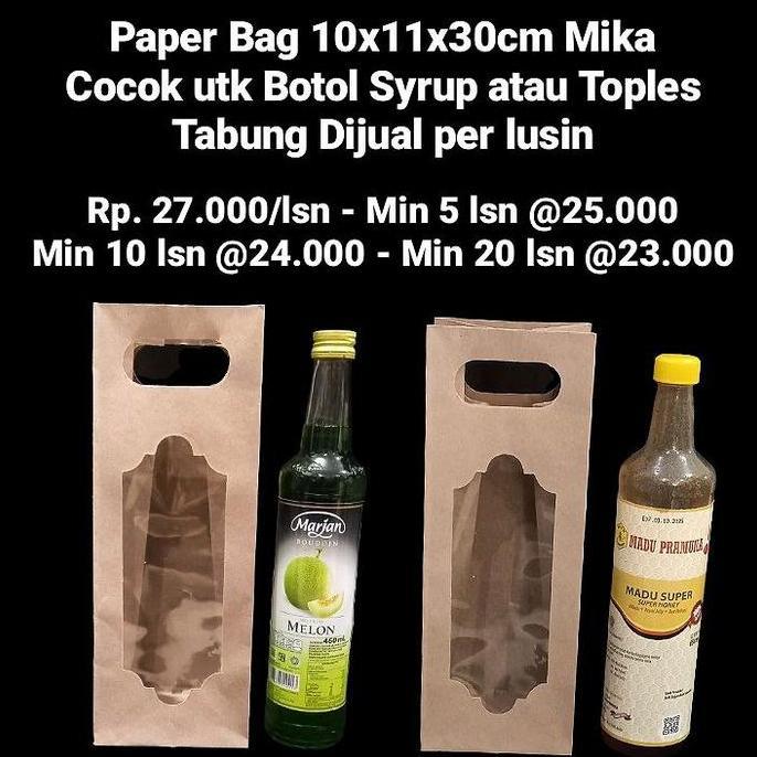 Akukamu- Paper Bag 10X11X30Cm Mika Cocok Utk Botol Syrup Atau Toples Tabung Dijual Per Lusin