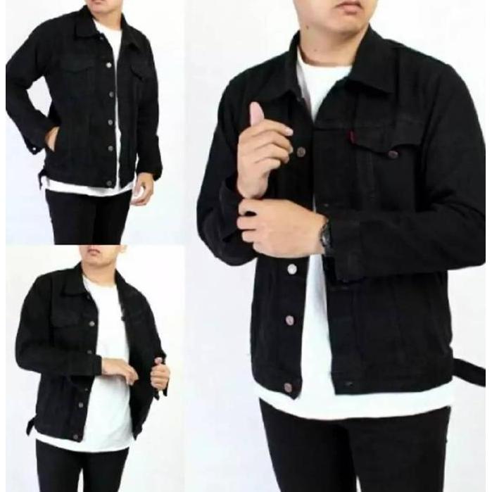 Anata- Jaket Jeans Denim Pria Blessings Model Polos Keren - Bio Blit, Hitam - Biru Tua, Panjang Dist