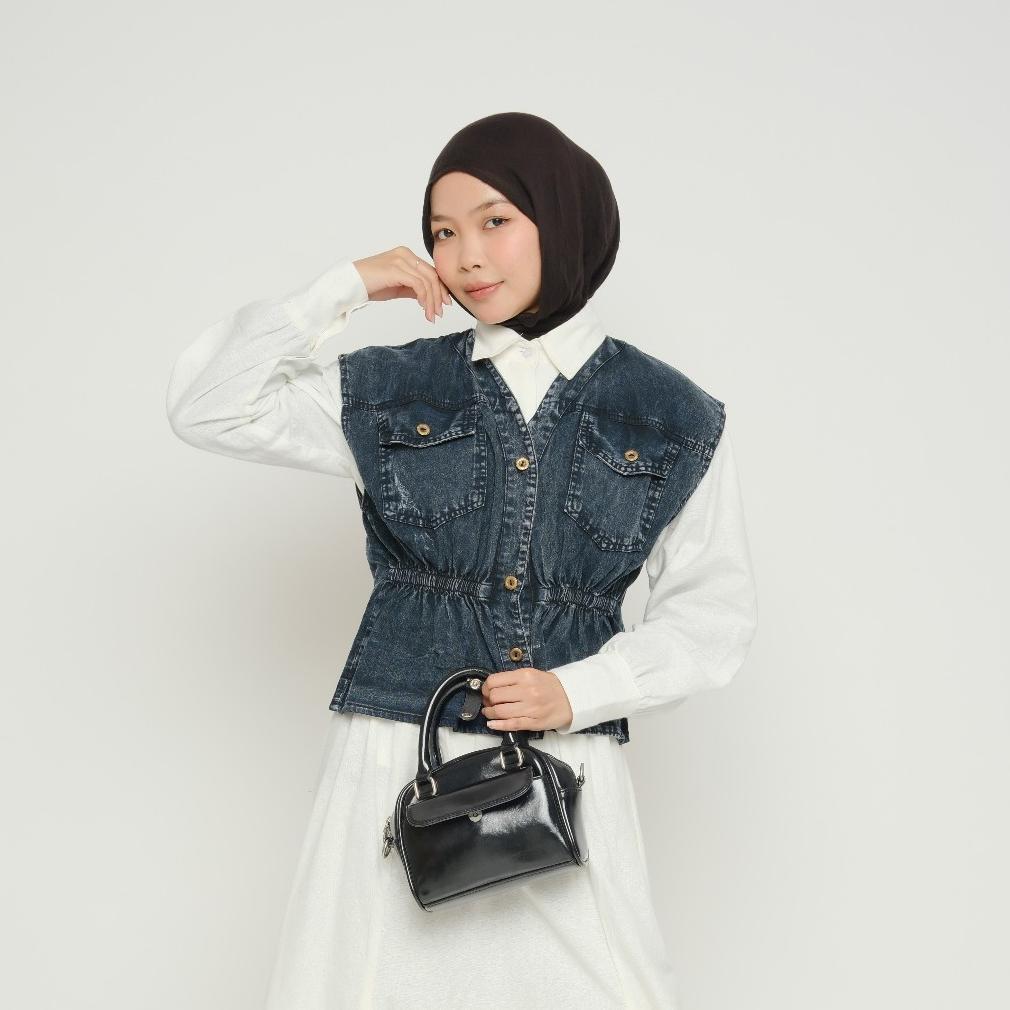 ZORA VEST OUTER WANITA TANPA LENGAN / VEST JEANS KOREAN VINTAGE / ROMPI JEANS KARET PINGGANG