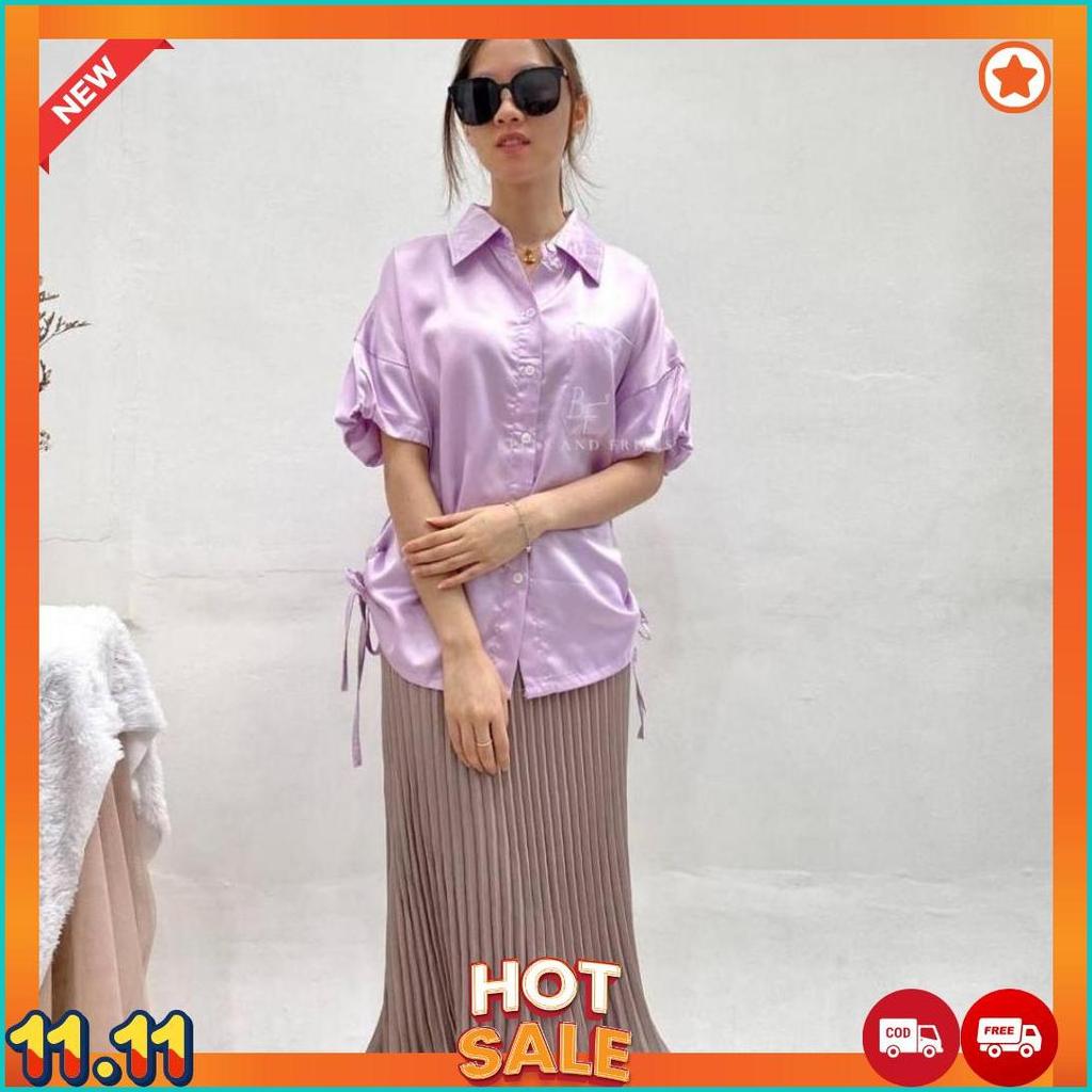 KALFI Blouse Satin Kerah V Neck / Puffy Top Satin / Atasan Serut / Kemeja Kantor Blouse Casual 0459 
