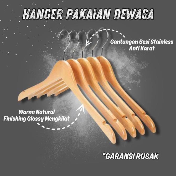 [12Pcs] Hanger Kayu Dewasa 1 Lusin Gantungan Baju Kayu Tanpa Palang Warna Natural Kualitas Premium B