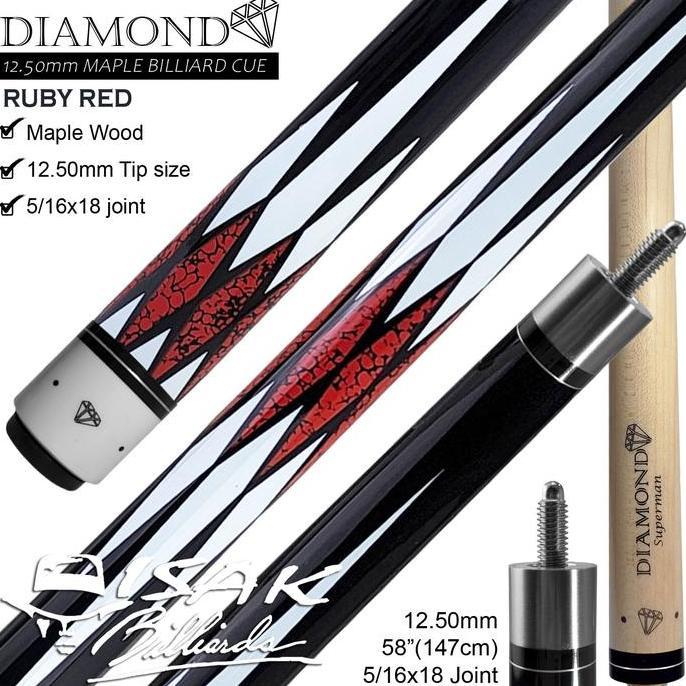 DIAMOND MAPLE POOL CUE 12.5MM | RUBY RED BILLIARD STICK BOLA BESAR TERBATAS