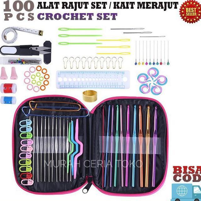 100 Pcs/ Set Alat Rajut Set Jahit Jarum Rajut Bonus Tas Kulit Cantik Premium / Hakpen Set / Jahit