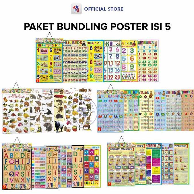 Paket Bundling Poster Edukasi Anak Isi 5 : Seri Angka Hewan Buah Penambahan Pengurangan Perkalian Pe