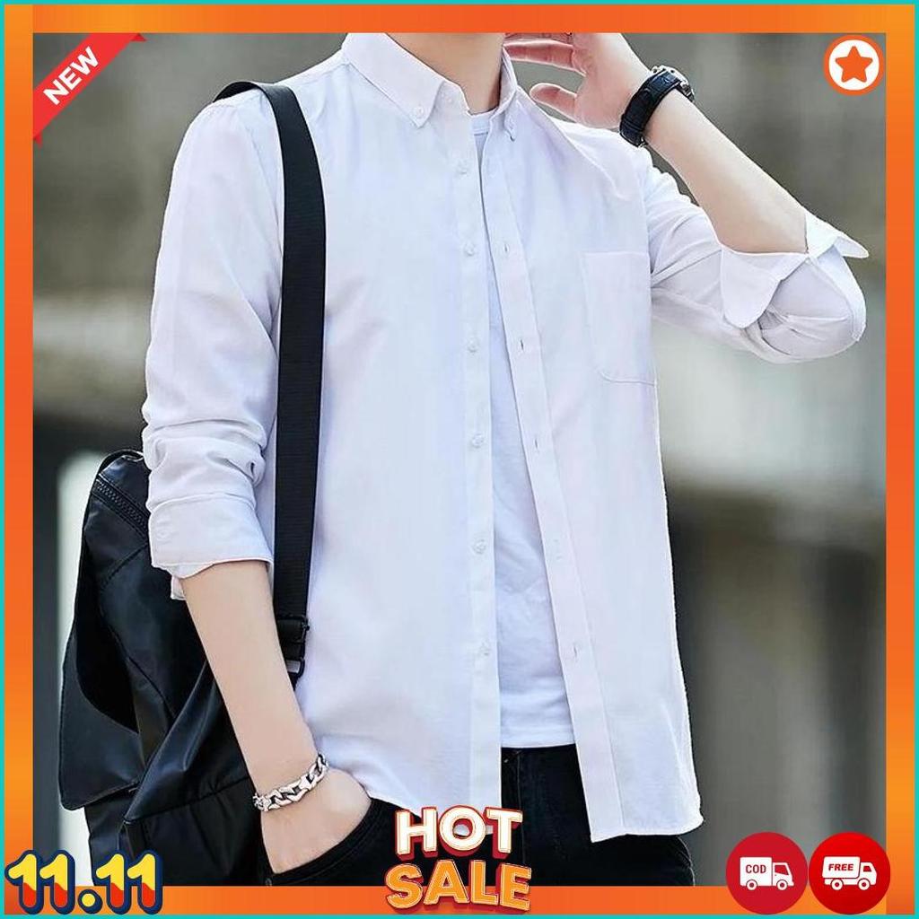 Kemeja Pria Polos Lengan Panjang Hem Putih Cowok Keren Bahan Katun Premium Baju Sekolah [K7]