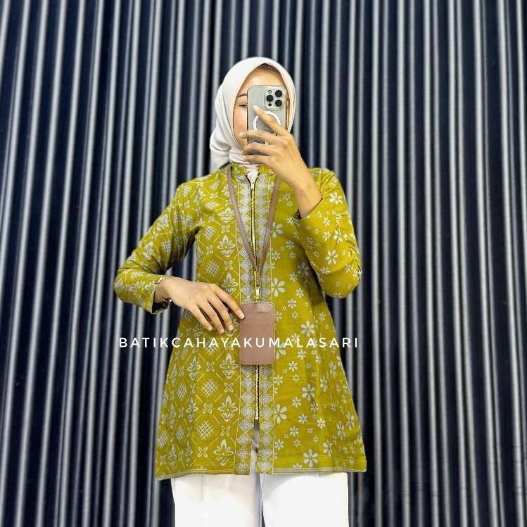 Official Tunik Pendek Batik Wanita Lapis Trikot Motif Romecca Lemon - Atasan Kerja Wanita Kuning Lem