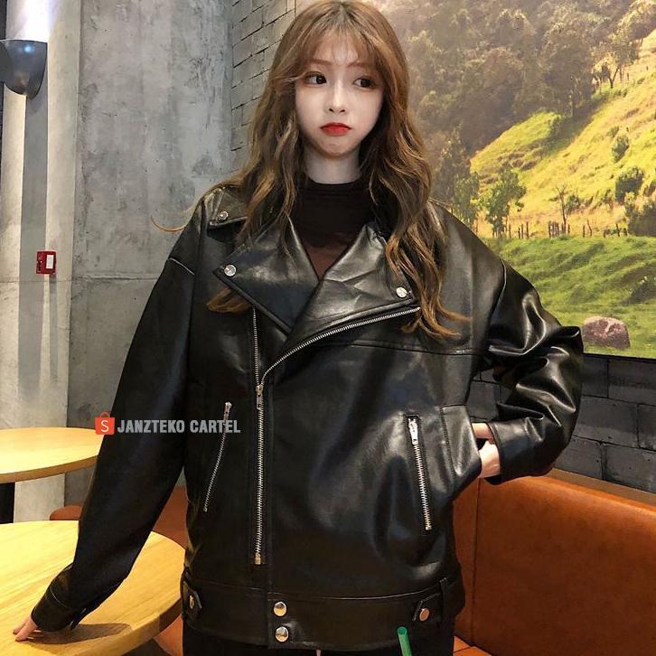 HEMAT JNK x NYC - Jaket Kulit Oversize Leather Jacket Women Wanita Korean Jumbo Oversized Crop Asli 