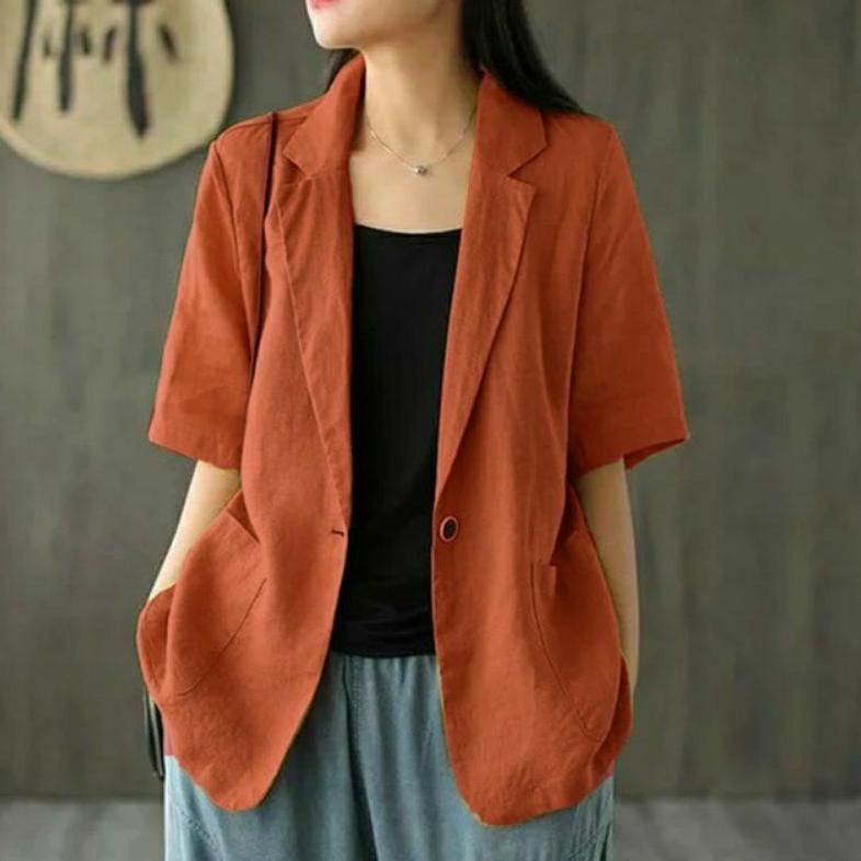 SUPER DEAL Blazer Lengan Pendek Jumbo Wanita Linen Ld 100cm sampai 140cm | Lucinta Blazer | Blazer K