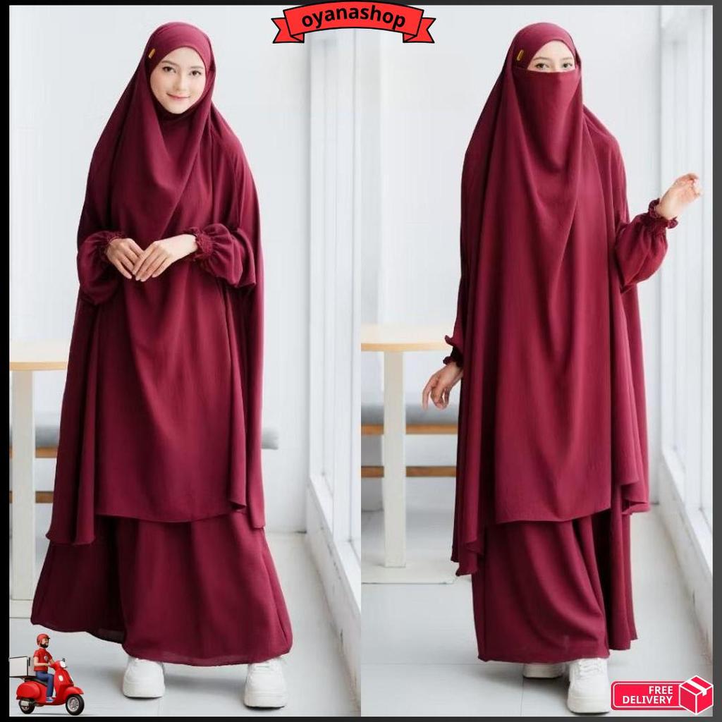 Gamis Medina Umrah Haji Set Abaya + Long French Khimar Crinkle Airrflow Top Seller