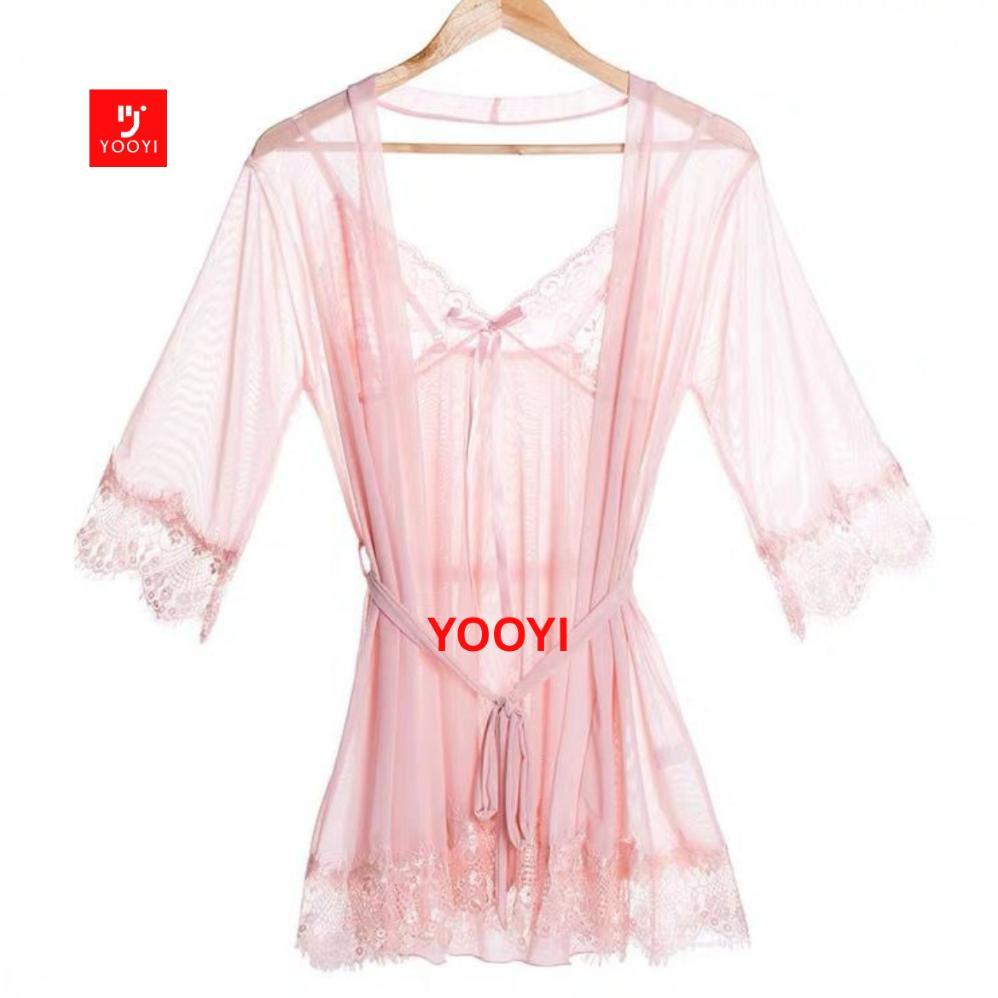 Promo  Yooyi Set Lingerie Pakaian Dalam Plus Kimono Wanita Perspektif Renda Menggoda + G String Seks