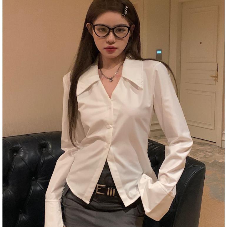 Promo Kemeja Putih Lengan Panjang Kemeja Wanita Gaya Korea Kemeja V-Neck