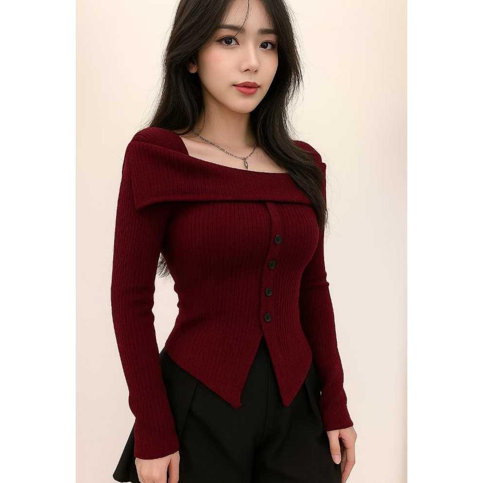 Unik Audy Top Atasan Wanita Korea Style Serut Long Sleeve Kemeja Basic Stretch Rajut Import Knitwear