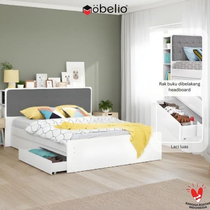 MOBELIO - Ranjang Dipan Tempat Tidur 160 x 200 dan 180 x 200 dengan 2 Laci dan Rak Minimalis Putih -