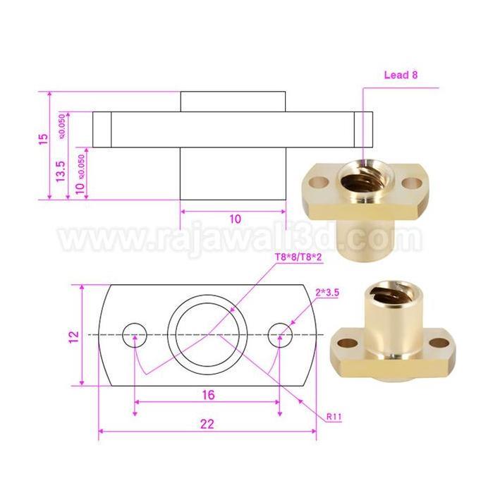 T8 leadscrew nut Pitch 2mm Lead 8mm Brass T8x8mm Flange Lead Screw Nut