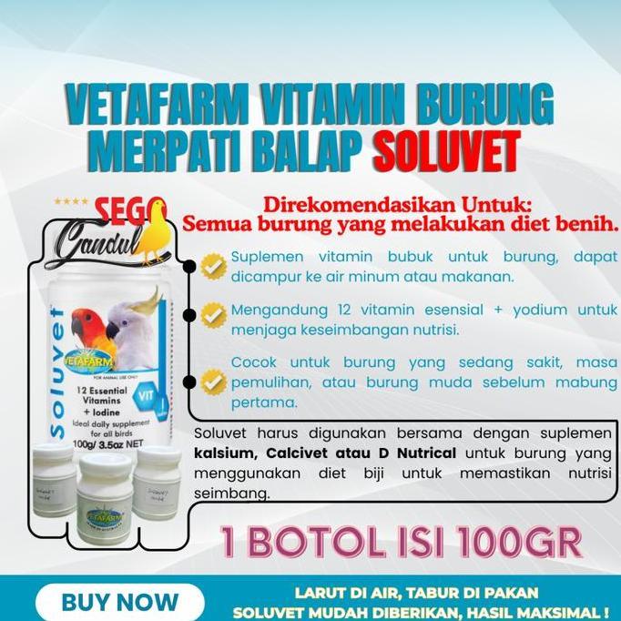Vetafarm Vitamin Burung Merpati Balap Soluvet Kemasan 1 botol isi 100gr