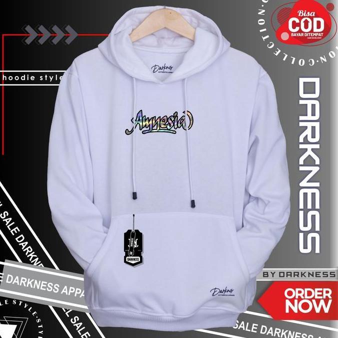 sweater hoodie unisex terlaris darkness warna putih list simple Amnesia sablon hologram premium meng