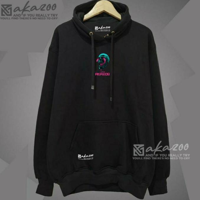 switer oversize distro cowok keren akazoo warna hitam GAMBAR KEPALA TENGKORAK AKAZOO sablon putih ho