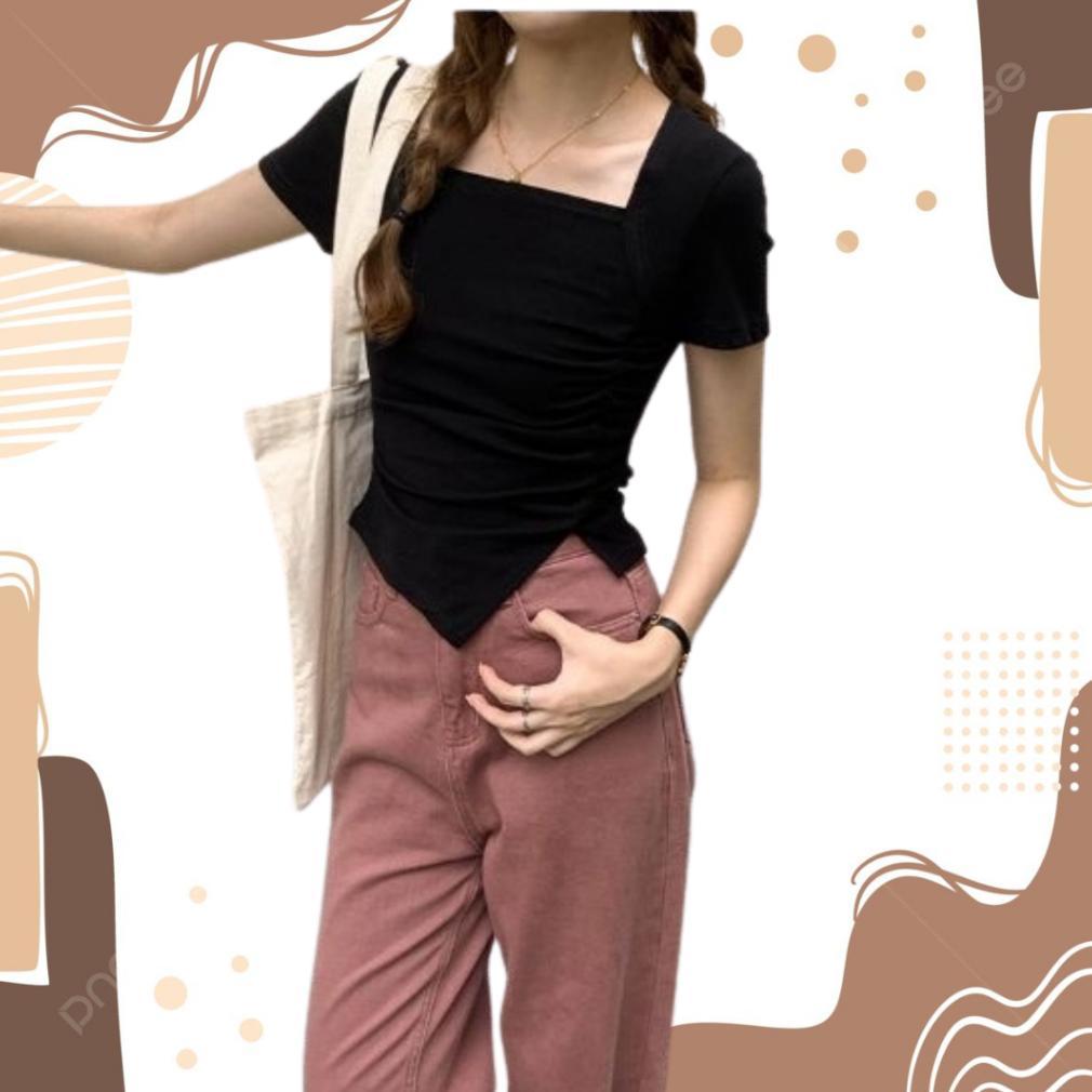 DN12 - Kaos Crop Top Kerut Square Neck,Kaos Kerut Korean,Crop Top Kerut Lengan Pendek