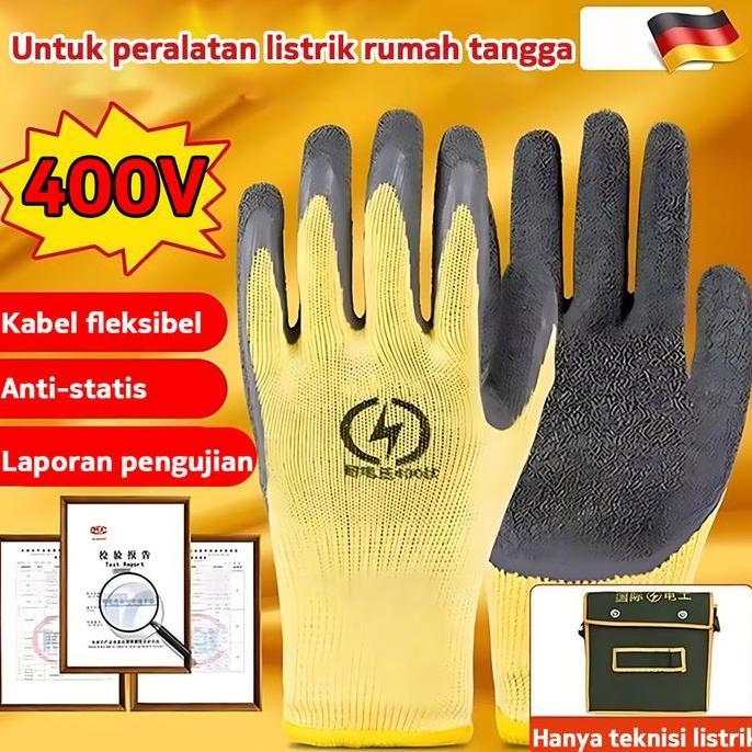 Sarung Tangan Berinsulasi 400V Sarung Tangan Listrik Premium Bahan Lateks Kuat 400V Karet Tahan Api 