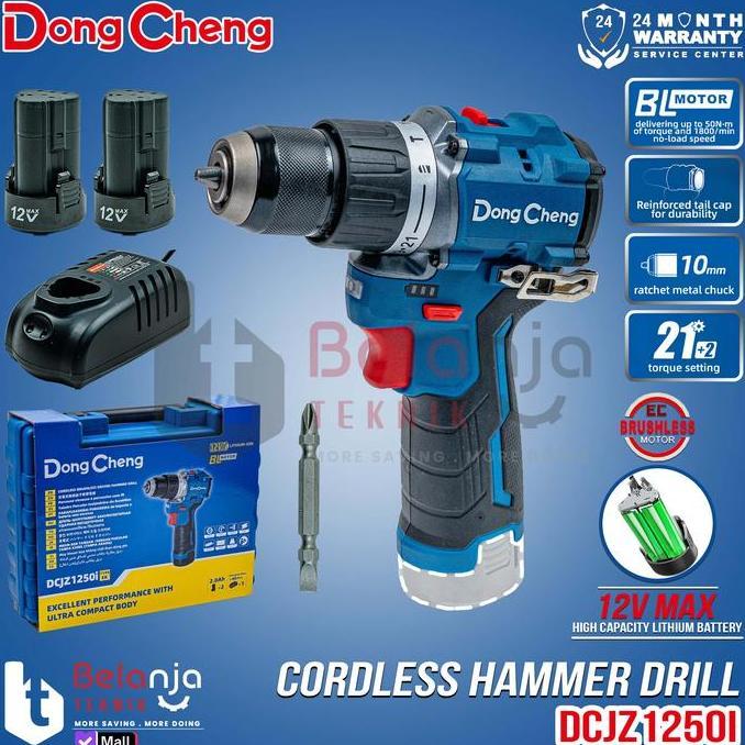 Dongcheng Mesin Bor Beton Baterai DCJZ1250i EK 12V Cordless Impact Drill Set 2 Baterai 12V dengan Bo