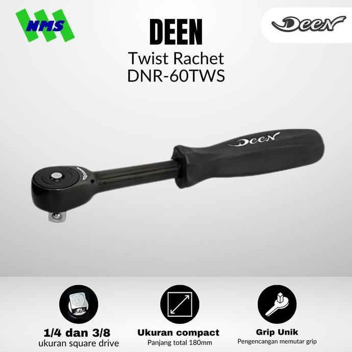 Promo Handle Shock Putar Deen Dnr-60Tws Sq 1/4" Quick Twist Kunci Ratchet - Original Japan