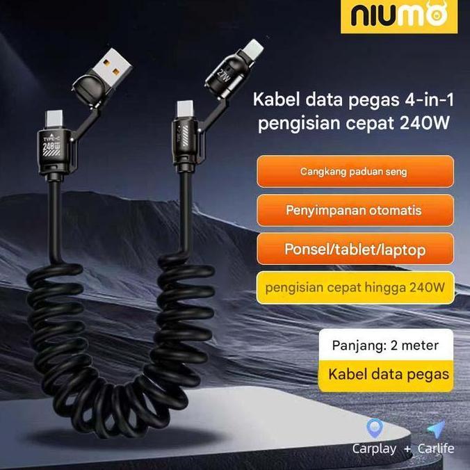 Kabel Pengisian Cepat Spring Tarik, NIUMO 240W, 4-dalam-1, 2m, Multi Charger dengan kepala konektor 