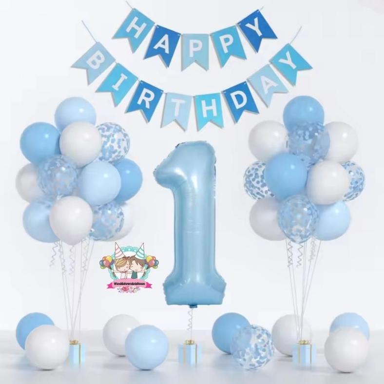 Windblown Balon Set Hbd Happy Birthday Blue / Ulang Tahun Anak & Dewasa |Tanpa Helium Siap Pakai