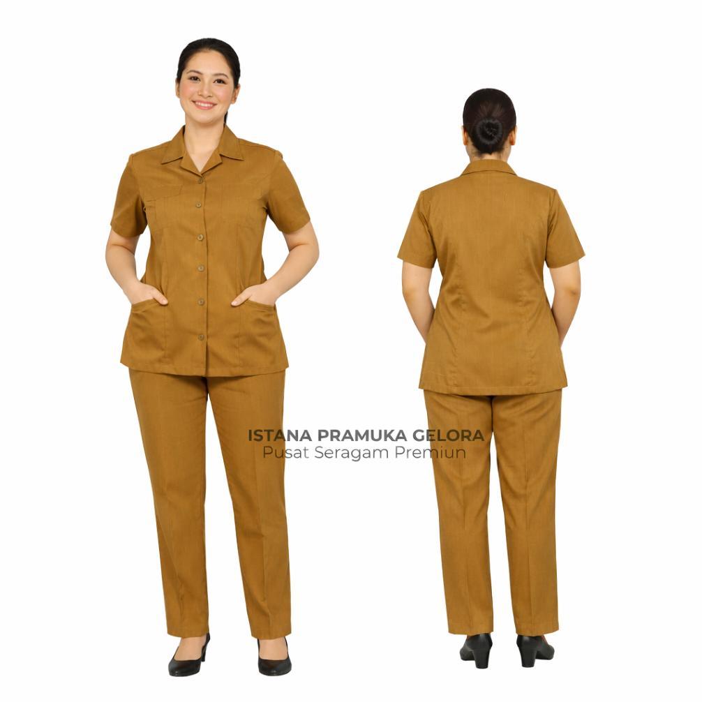 (PREMIUM) Seragam Baju Cokelat Khaki PNS Lengan Pendek Dan Celana Panjang Wanita Perempuan Guru Dewa