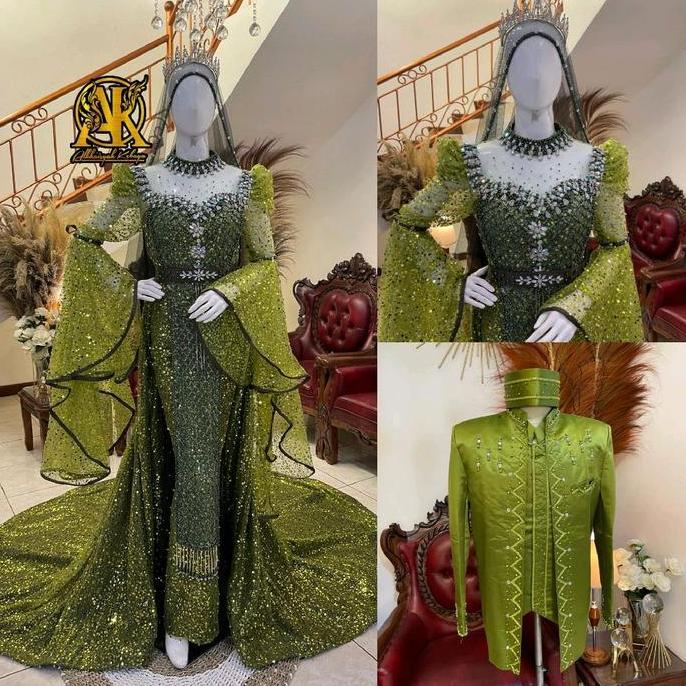 Couple gaun pengantin slim premium tille kotak full payet wedding Dress Pernikahan