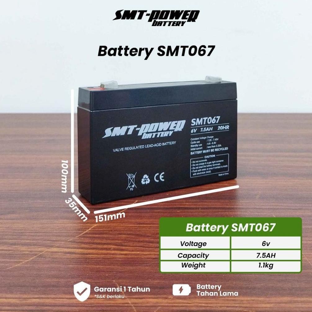 Baterai SMT-Power SMT067 6v 7.5ah 20Hr Competible 6v 7ah 20Hr. Packing Aman Kirim Seluruh Indonesia