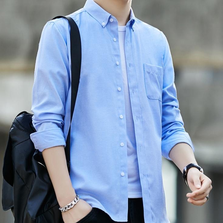 Baju Kemeja Pria Lengan Panjang Polos Sky Blue Hem Biru Langit Bahan Katun Premium